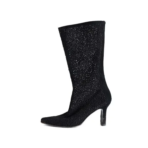 VTG Stuart Weitzman Guipure Lace Boots Sz 8.5 Heels Suede Glam Whimsigoth Retro - Picture 2 of 8